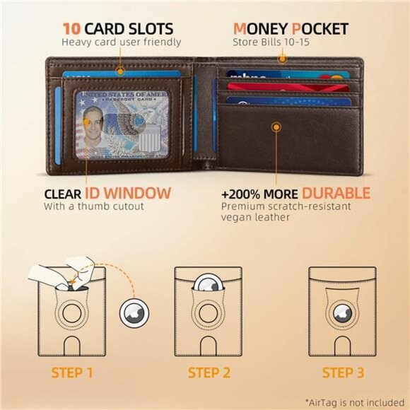 RFID Blocking Wallets Leather with Bill Compartment Air Tag Bifold Card Holder - Picture 2 of 7